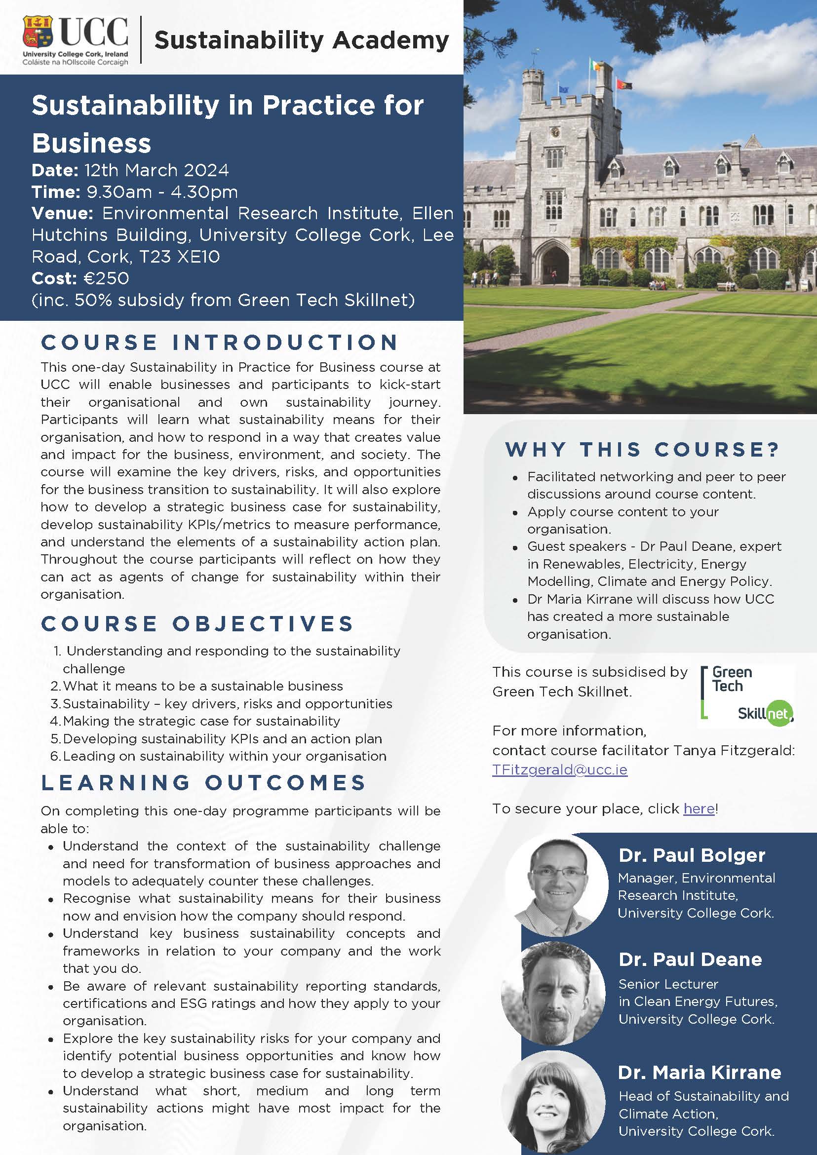 Sustainability in Practice for Business Flyer - 12 March 2024 at ERI, UCC